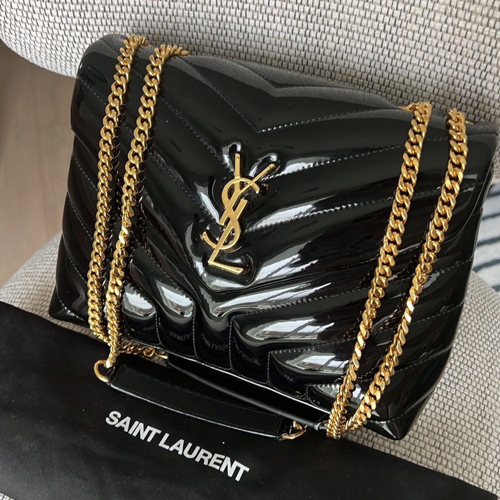 Saint Laurent (YSL) Black and Gold Patent Shoulder Bag -Worn 1X - Picture 5 of 16